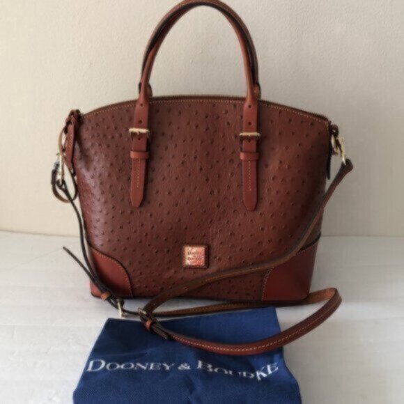 Dooney & Bourke Ostrich Domed Satchel Cognac Shoulder Leather Handbag Purse - Picture 6 of 14